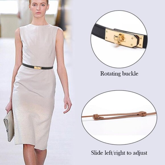 Women\'s Skinny Leather Belt With Adjustable Turn-Lock Buckle Ideal White Gold